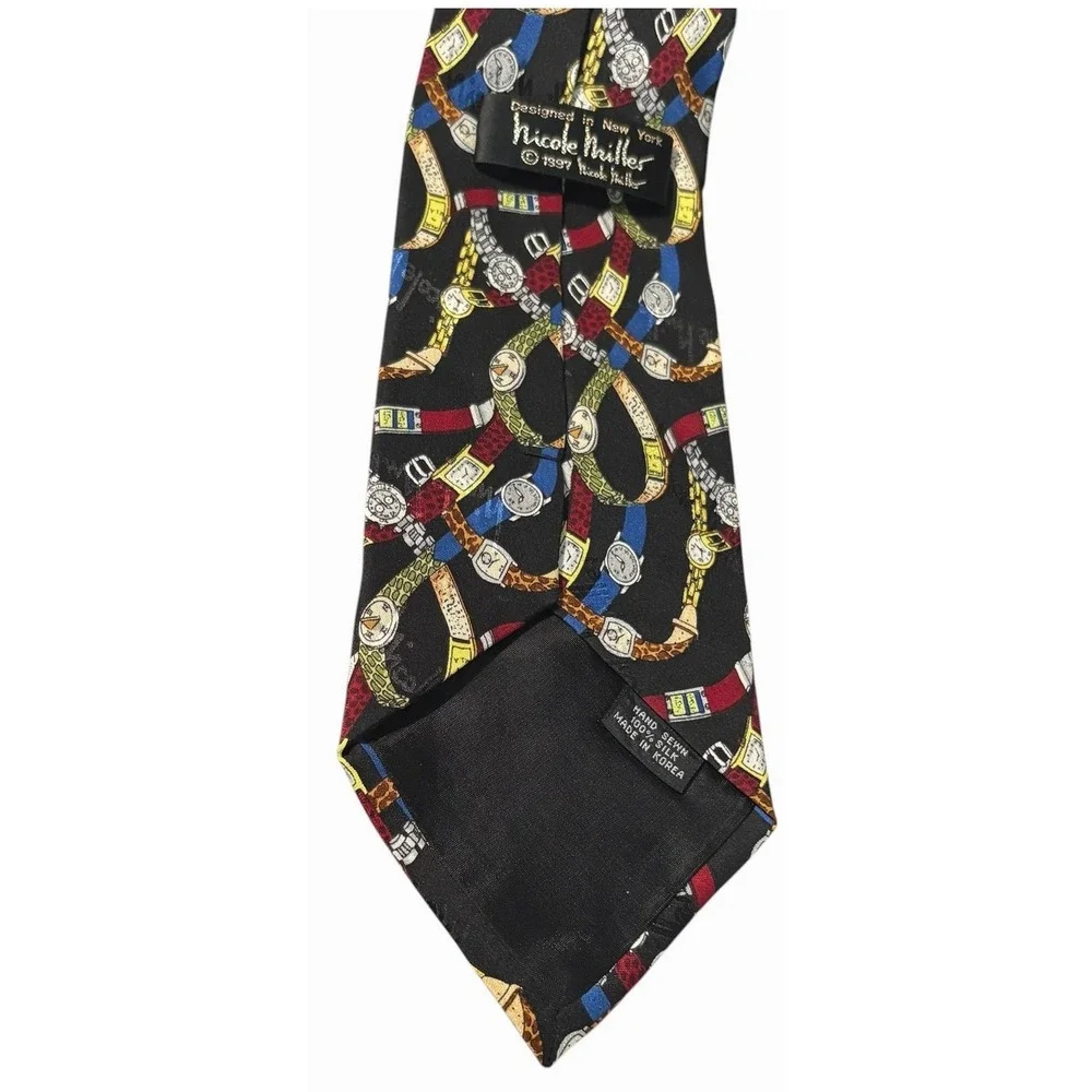 Nicole Miller Wristwatch Print Tie Necktie Men Black Vintage Y2K 1997 Silk Craft